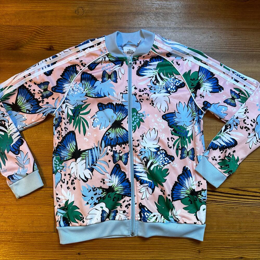 Adidas pink light blue pastel floral butterfly full zip jacket SIZE L